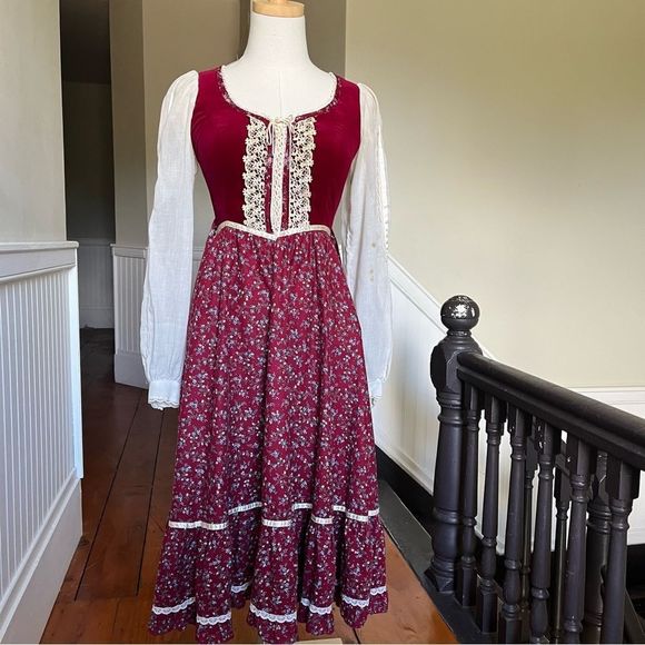 Gunne Sax Vintage 70's Prairie Dress Red Velvet Floral 7 - Picture 8 of 15
